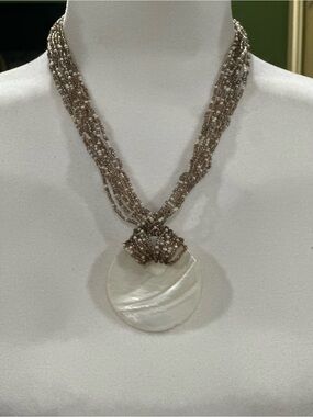 Beaded Multi-Strand Necklace with Mother-of-Pearl Pendant - White